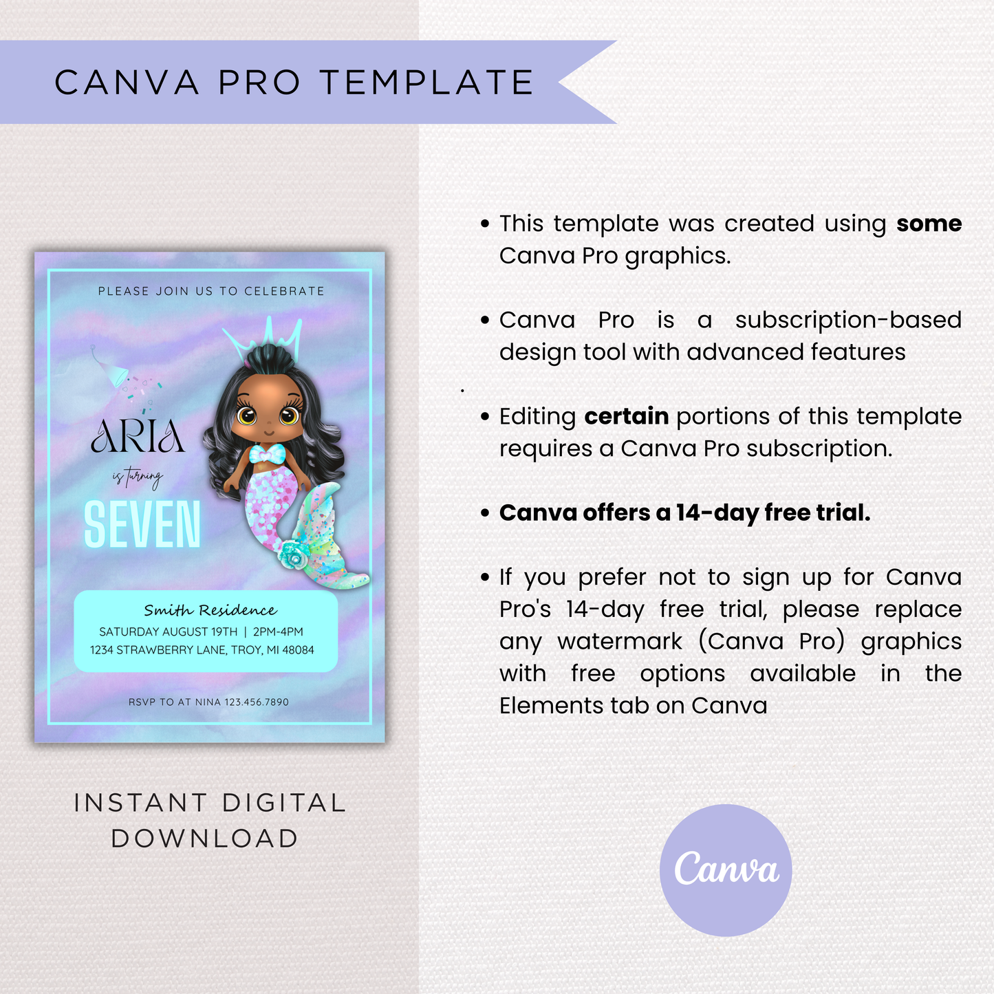 Mermaid Birthday Invite | Canva Template