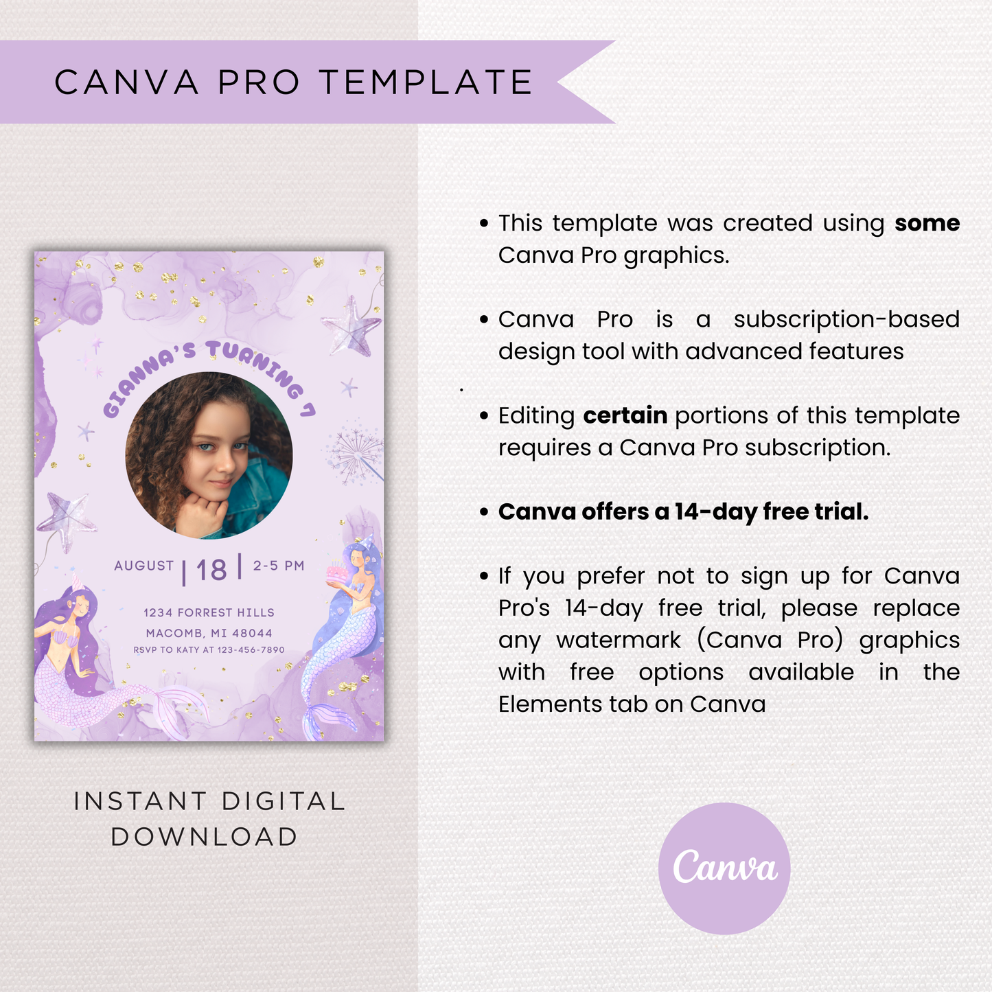 Mermaid Birthday Invite | Canva Template