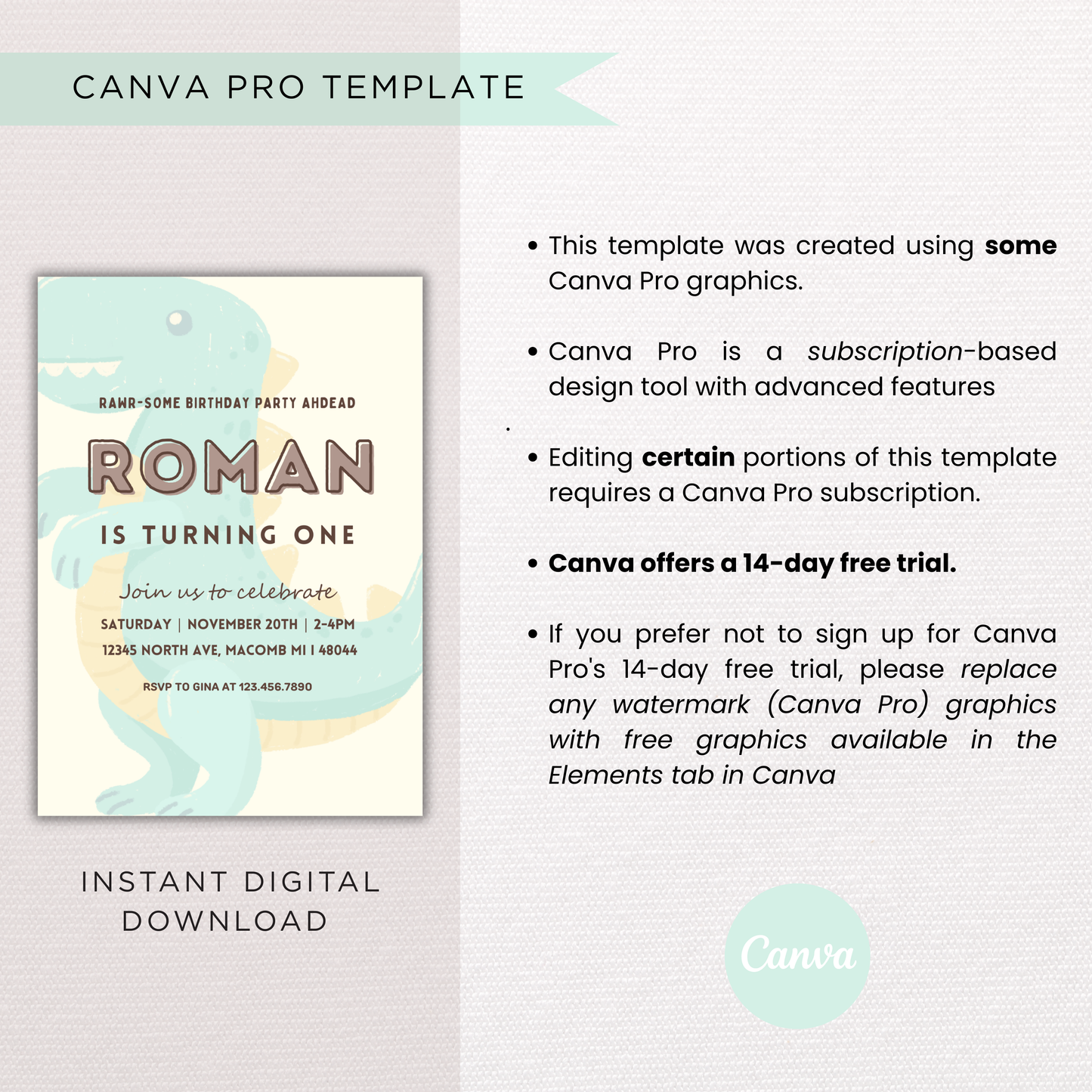 Dino Birthday Invite | Canva Template