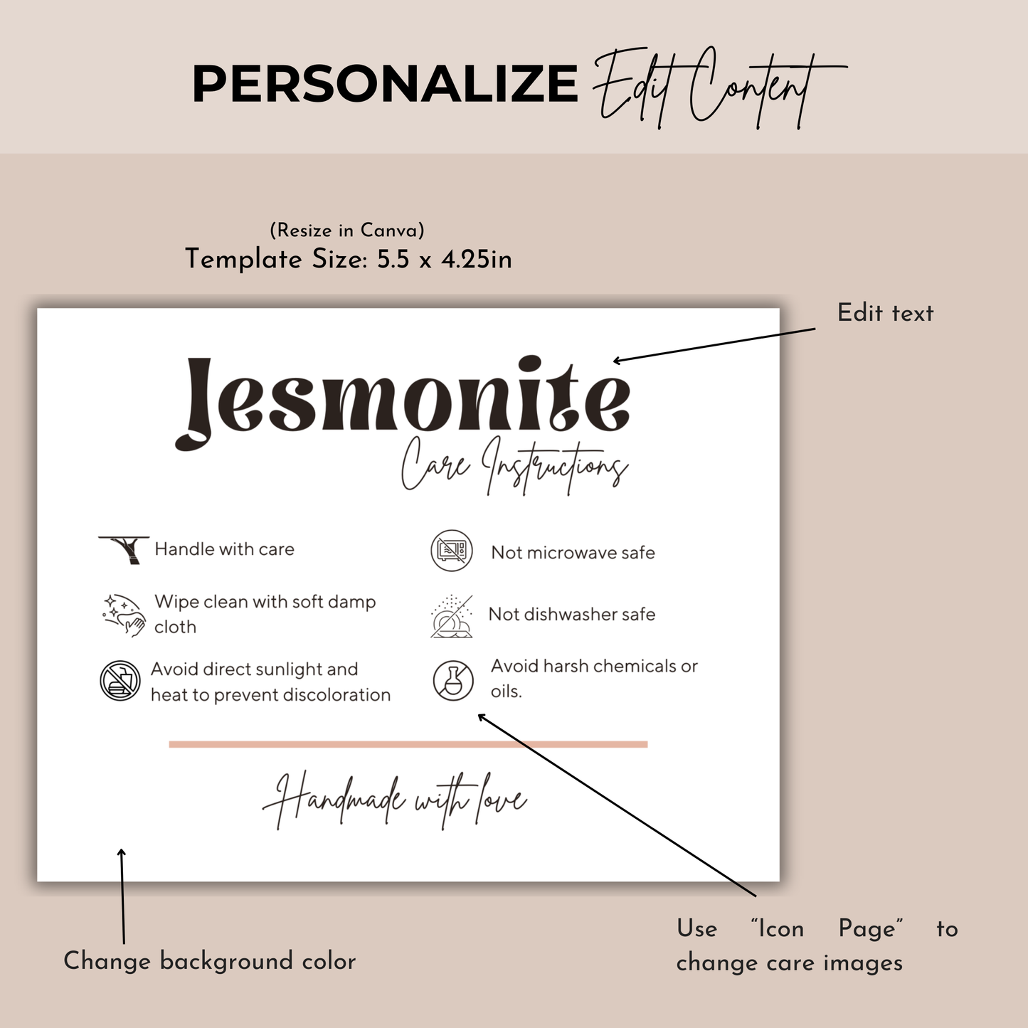 Jesmonite Care Card Template | Editable in Canva