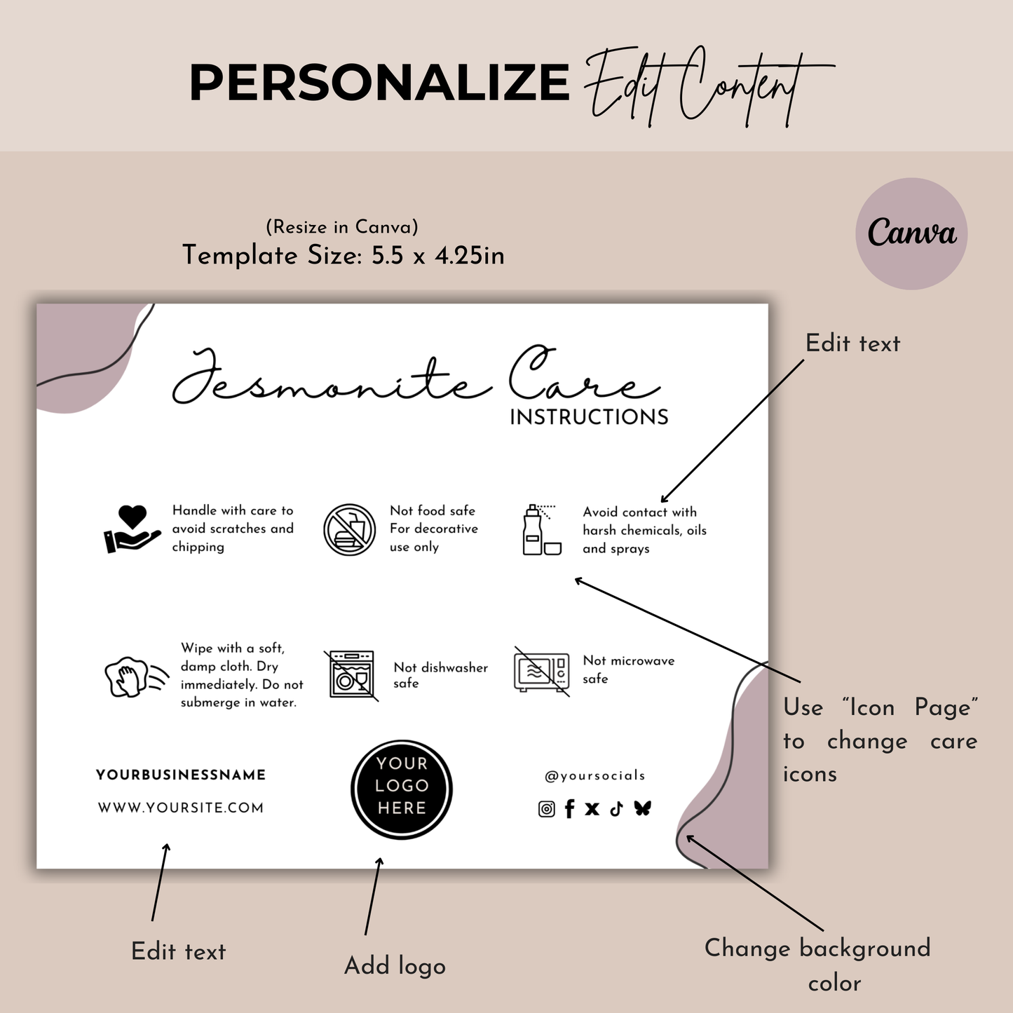 Jesmonite Care Card Template | Editable in Canva