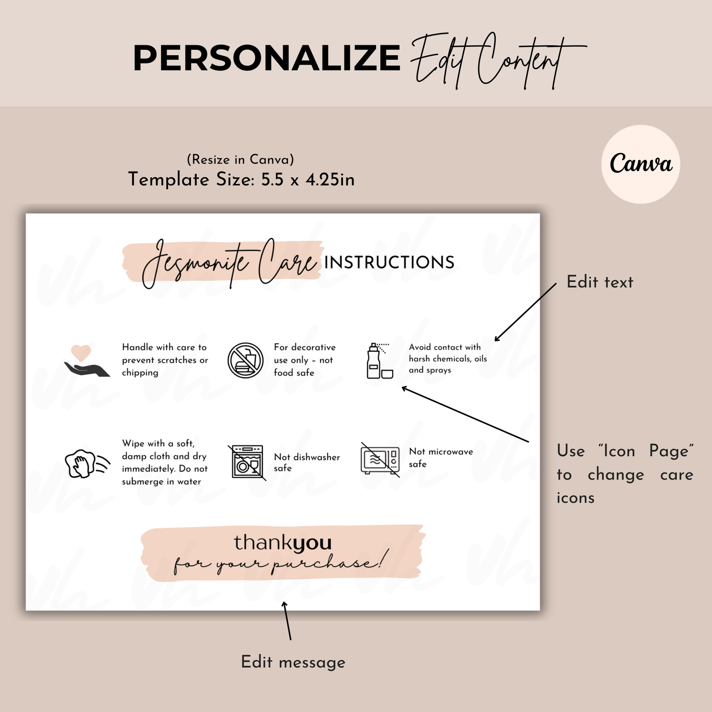 Jesmonite Care Card Template | Thank You | Editable in Canva