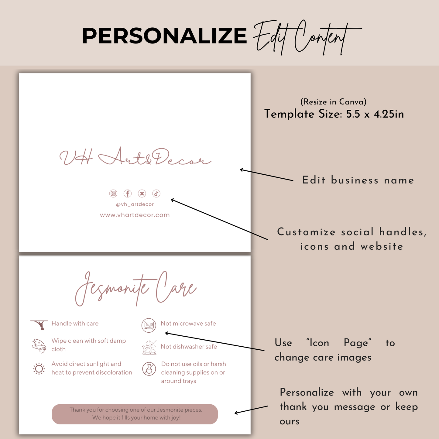 Jesmonite Care Card Template | Canva Template