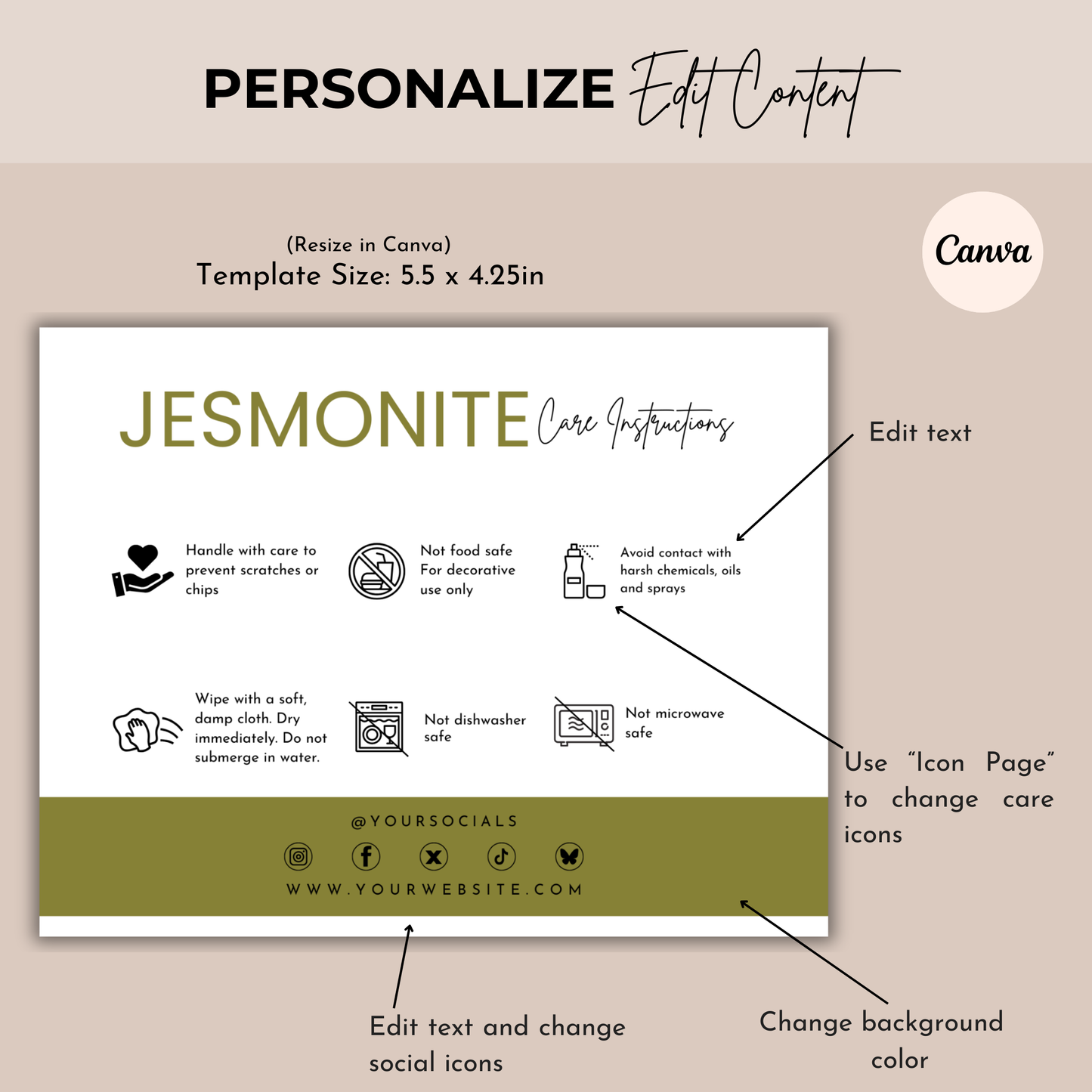 Jesmonite Care Card Template | Editable in Canva