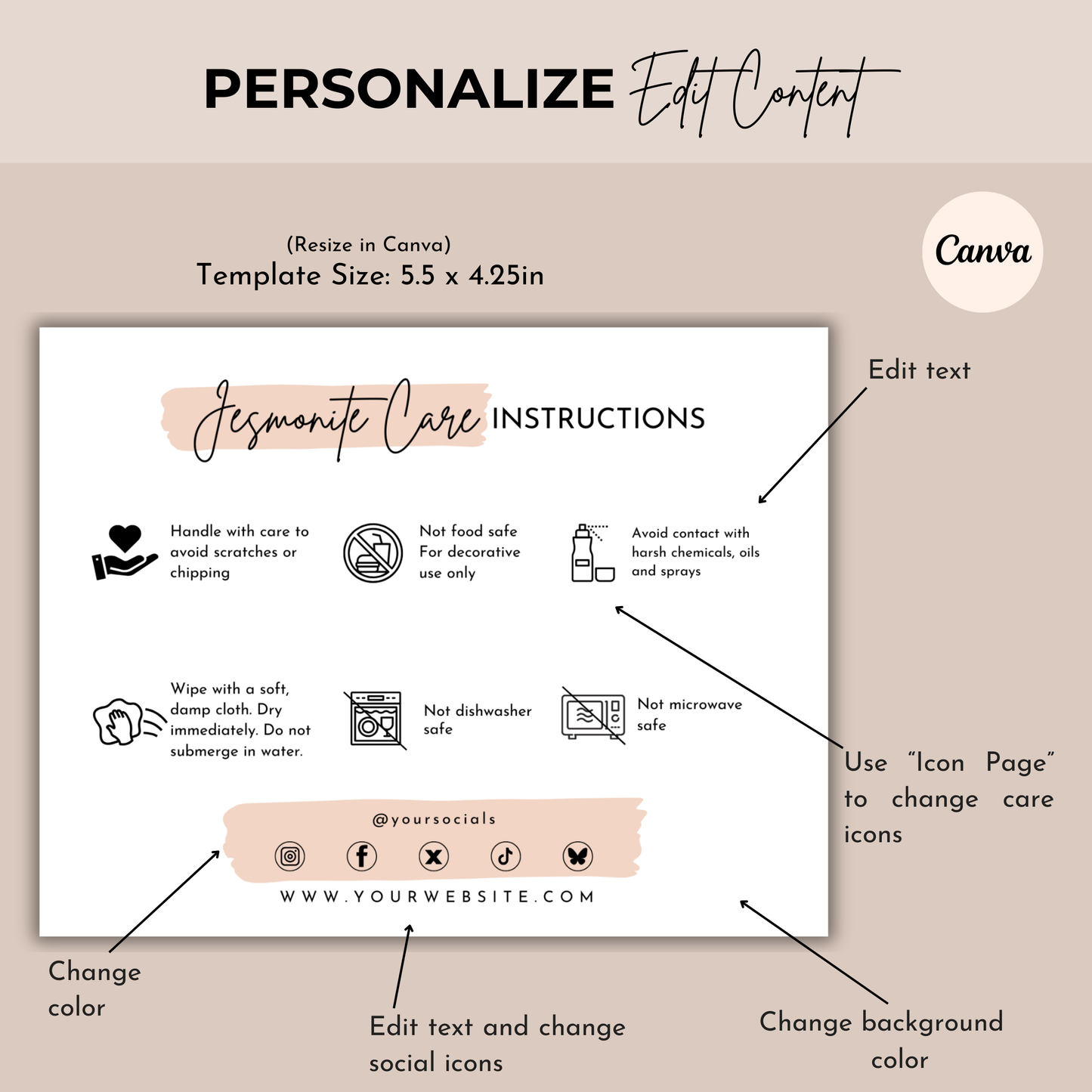 Jesmonite Care Card Template | Editable in Canva