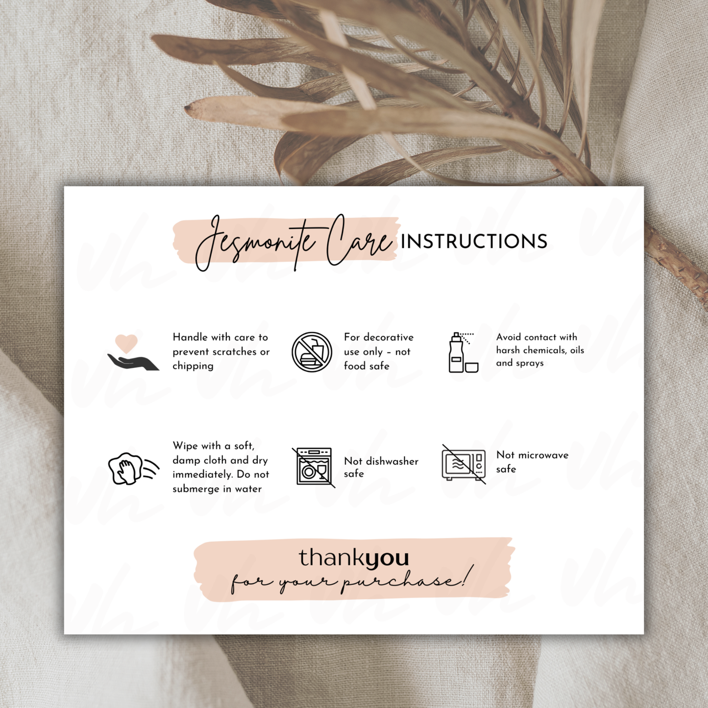 Jesmonite Care Card Template | Thank You | Editable in Canva