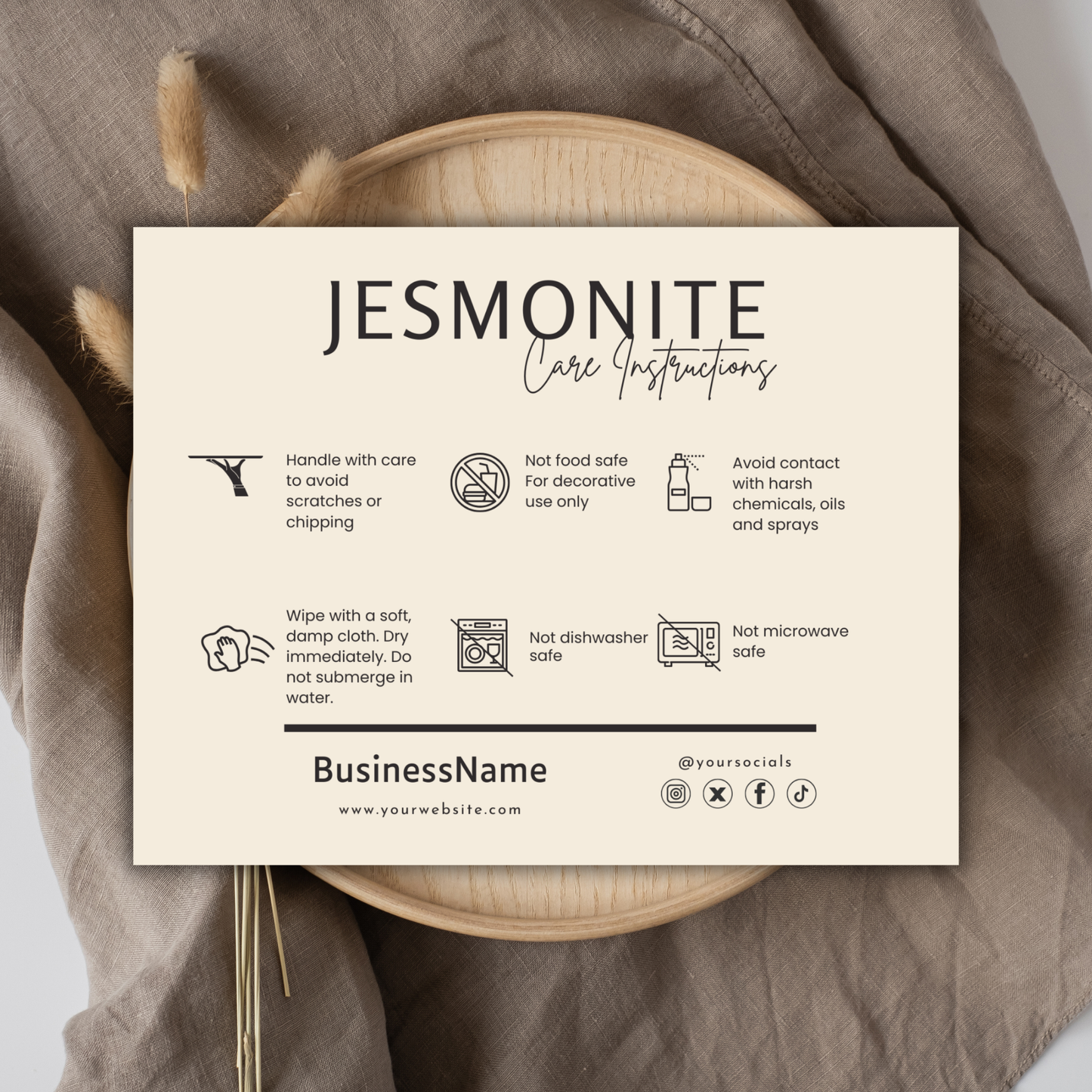 Jesmonite Care Card Template | Editable in Canva