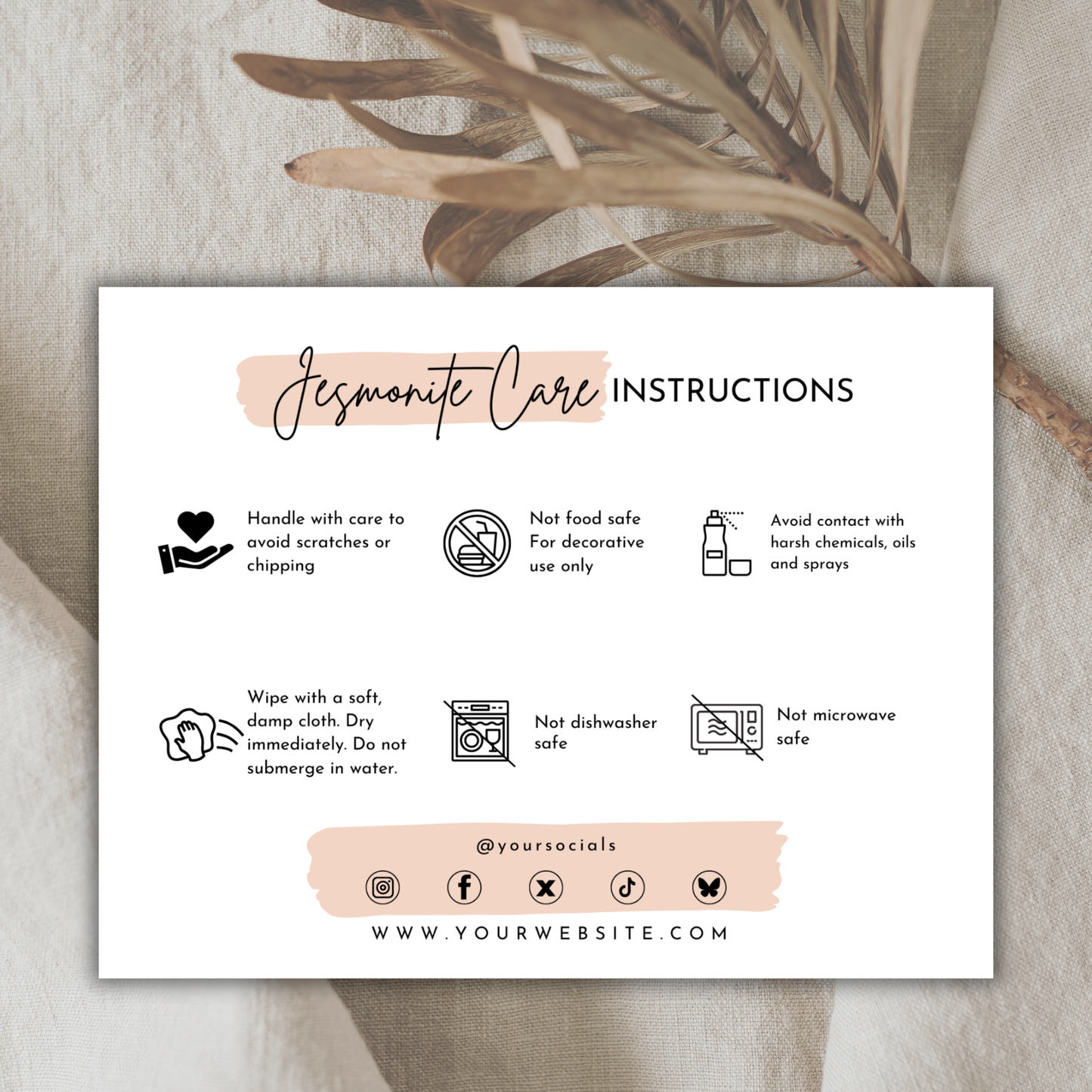 Jesmonite Care Card Template | Editable in Canva
