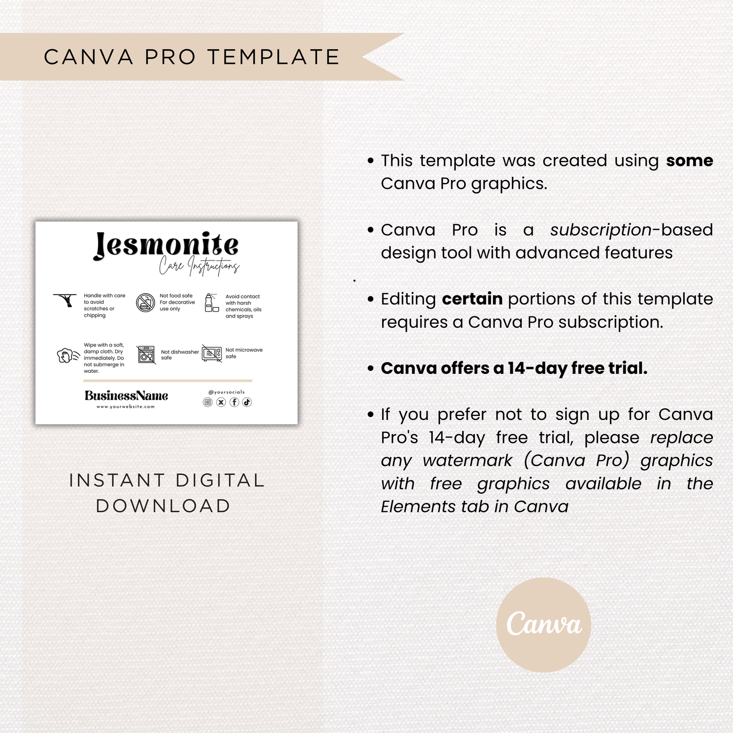 Jesmonite Care Card | Canva Template