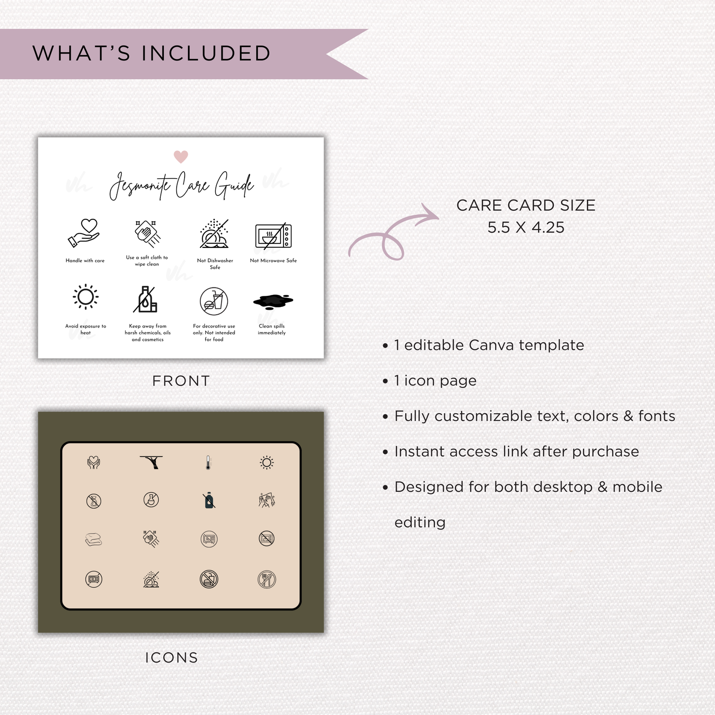 Jesmonite Care Card Template | Editable in Canva