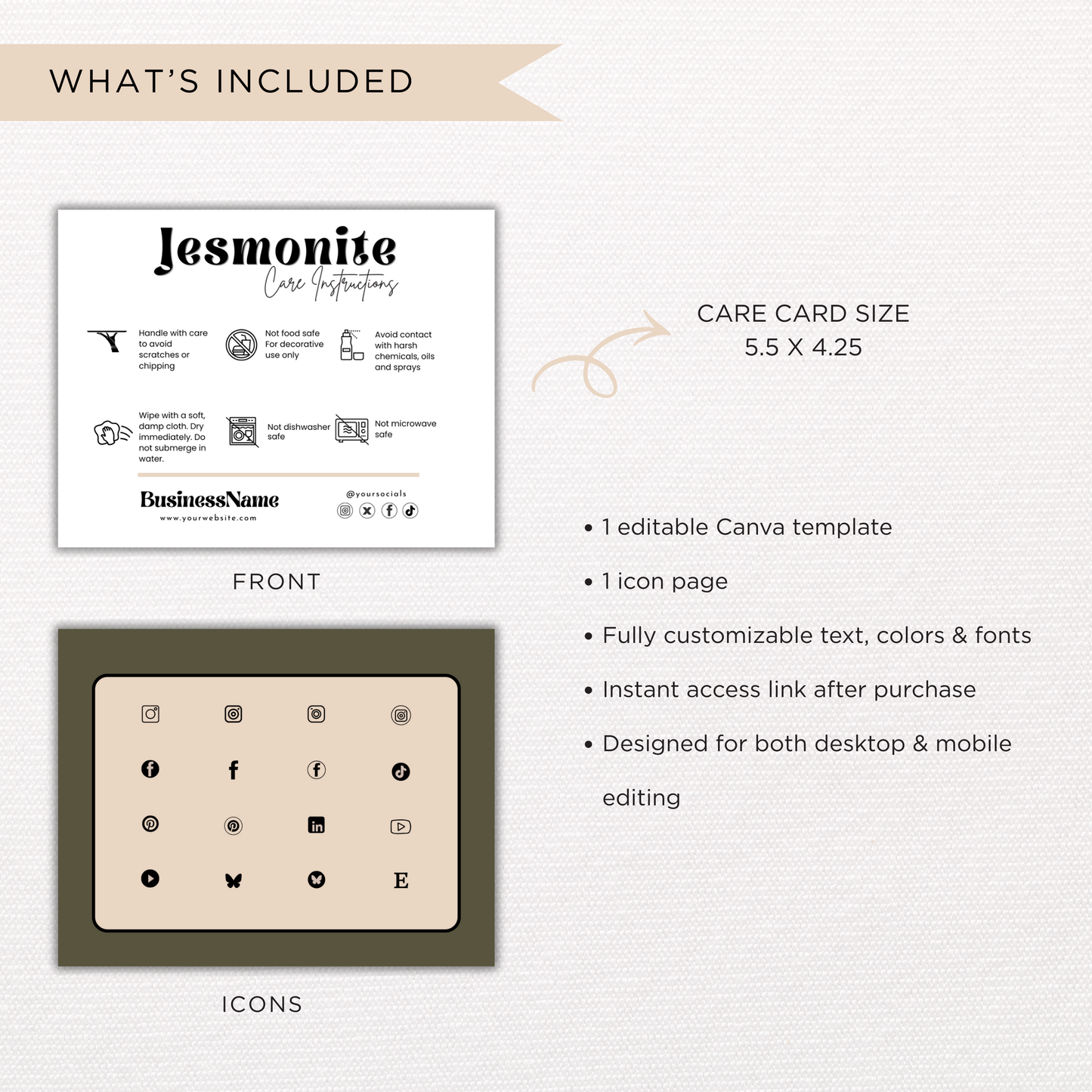 Jesmonite Care Card Template | Canva Template