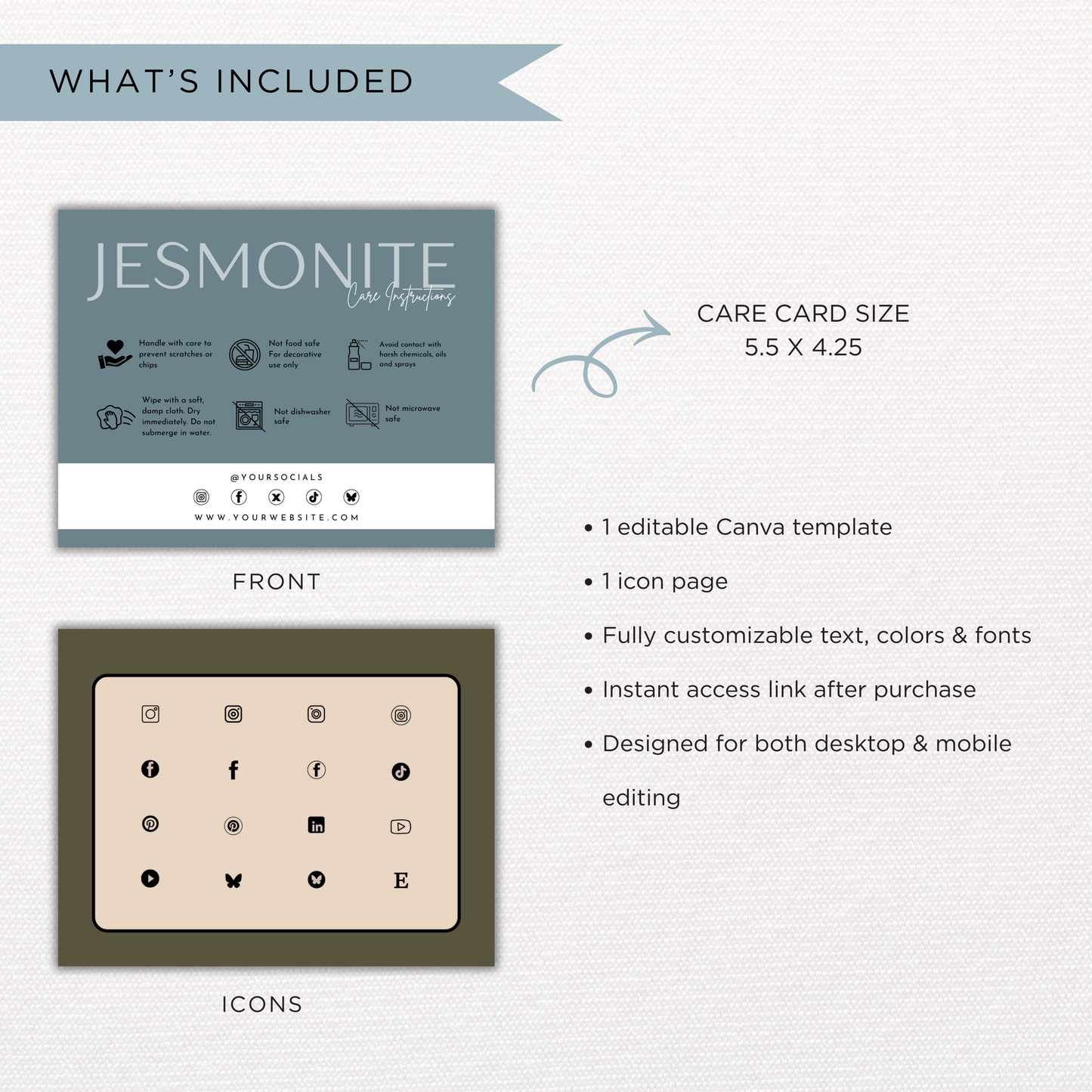 Jesmonite Care Card Template | Editable in Canva