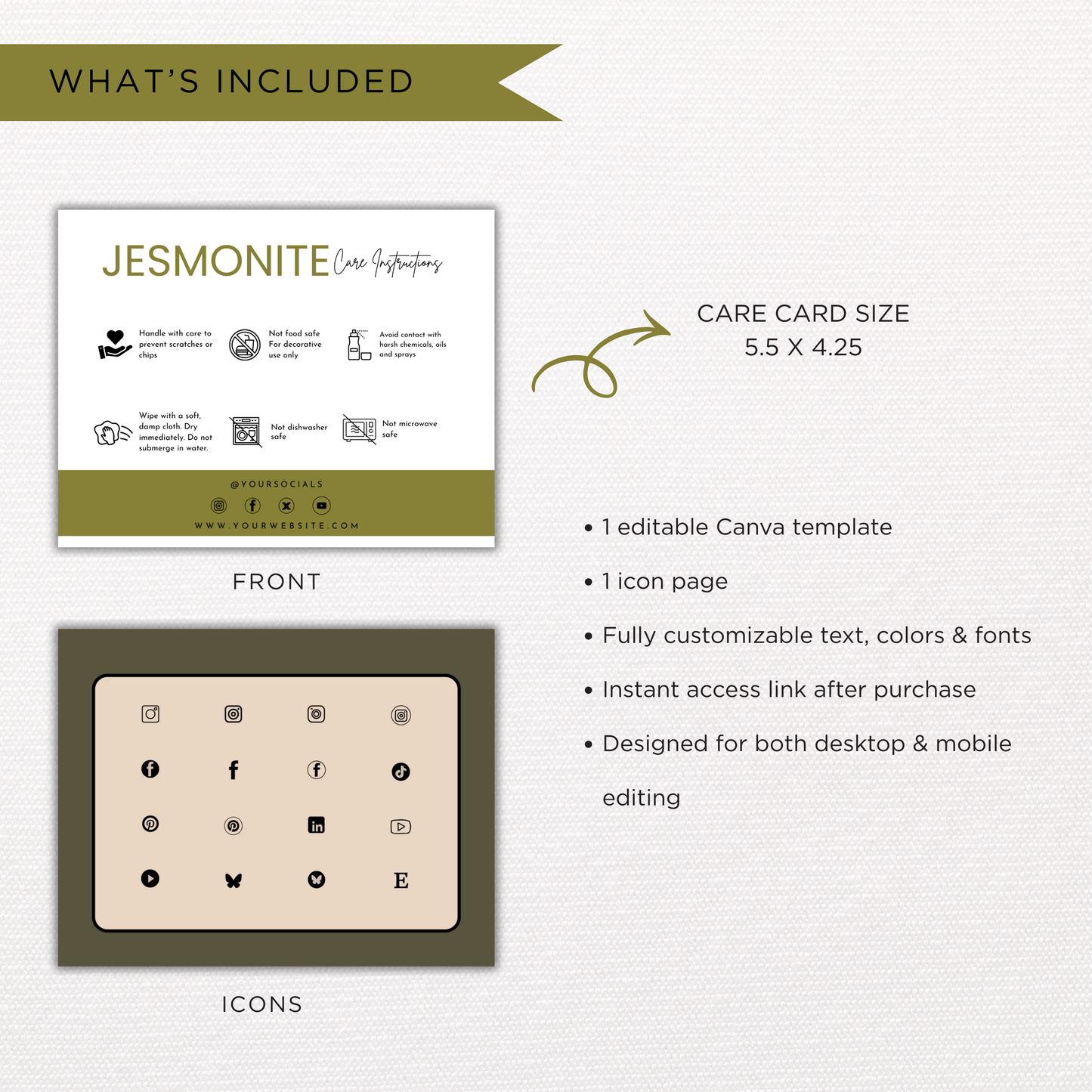 Jesmonite Care Card Template | Editable in Canva