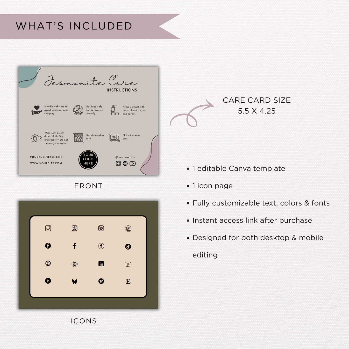 Jesmonite Care Card Template | Editable in Canva