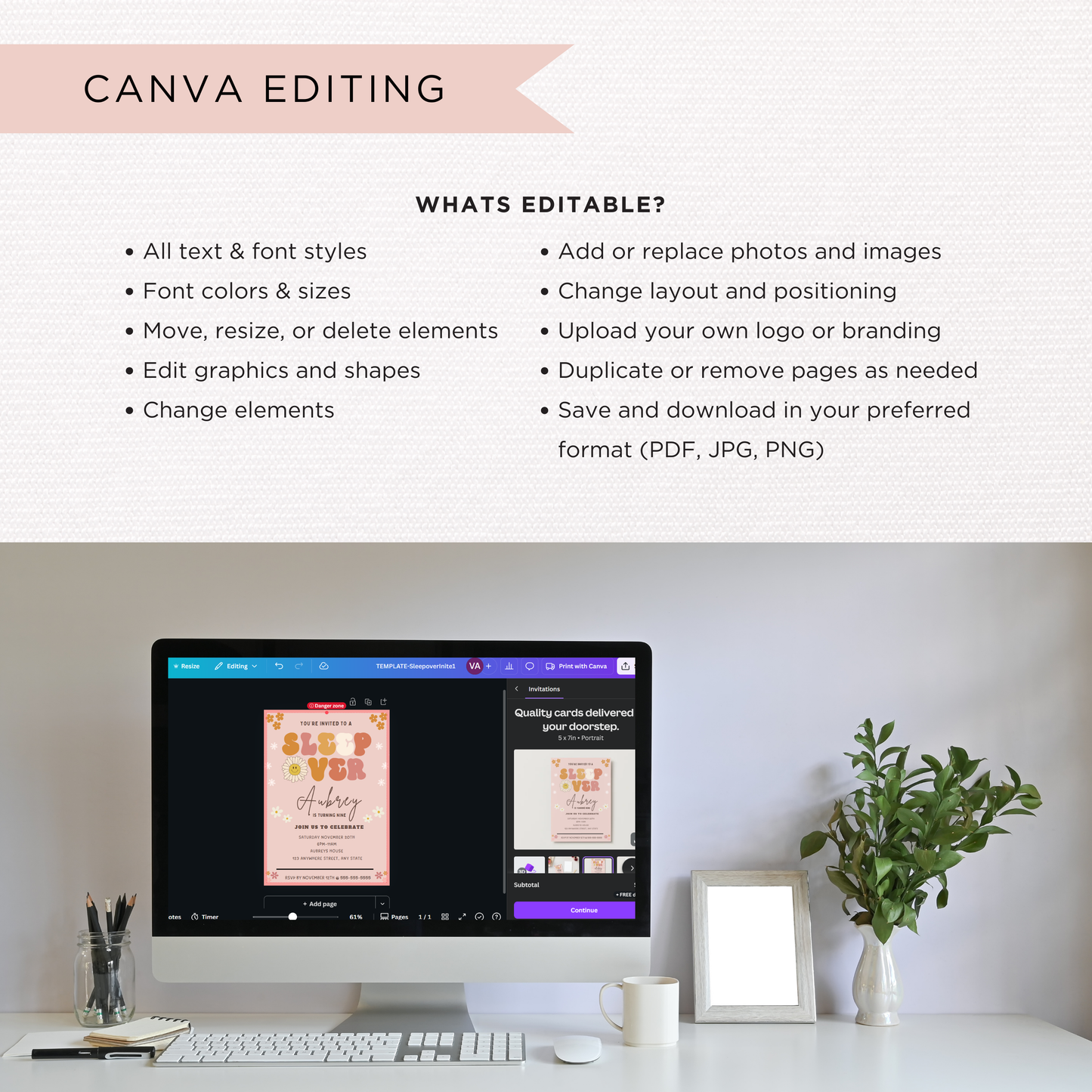 Sleepover Birthday Invitation for Girls | Editable Canva Template | Digital Download | Instant Printable Invite