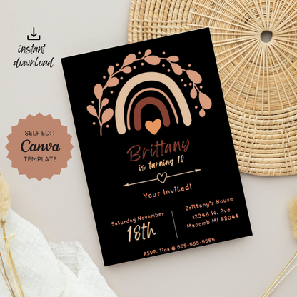 Boho Birthday Invitation Template | Instant Download | Canva Pro Template