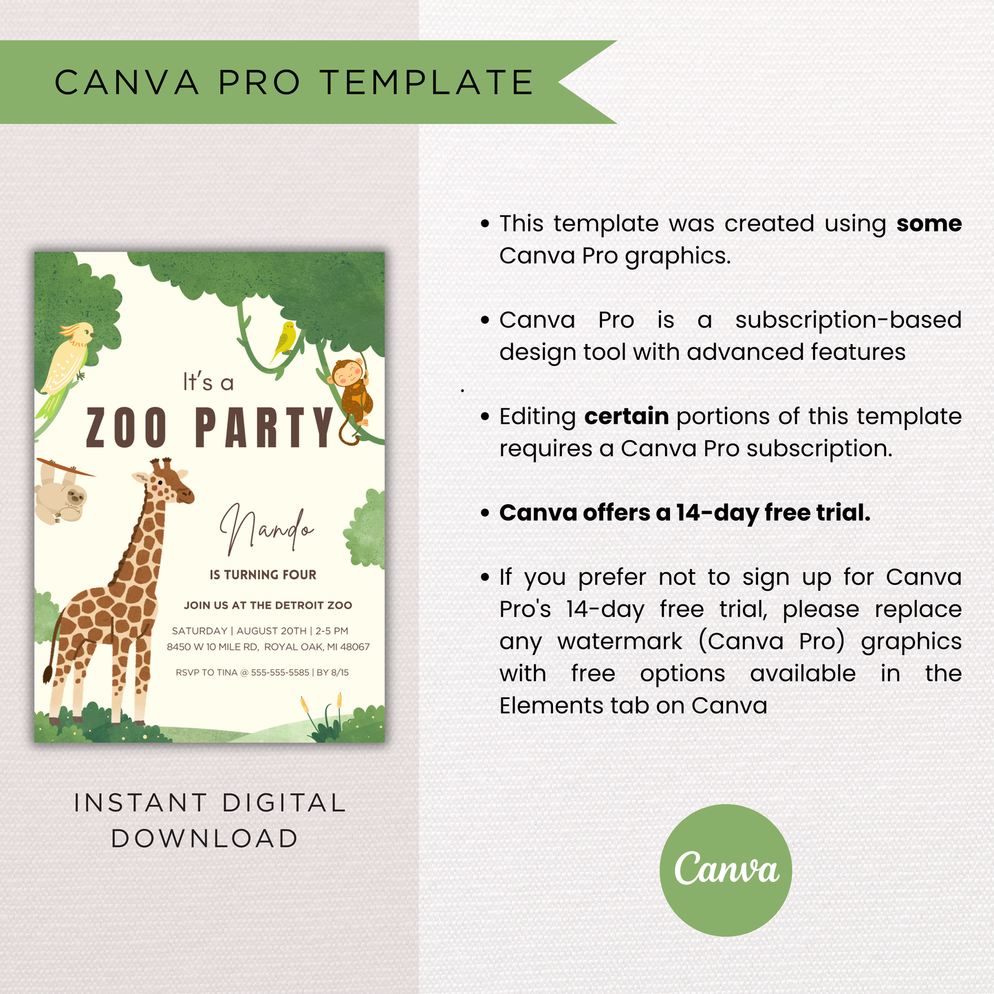 Canva Jungle Birthday Invitation Template | Editable Instant Download | Printable Safari Party Invite