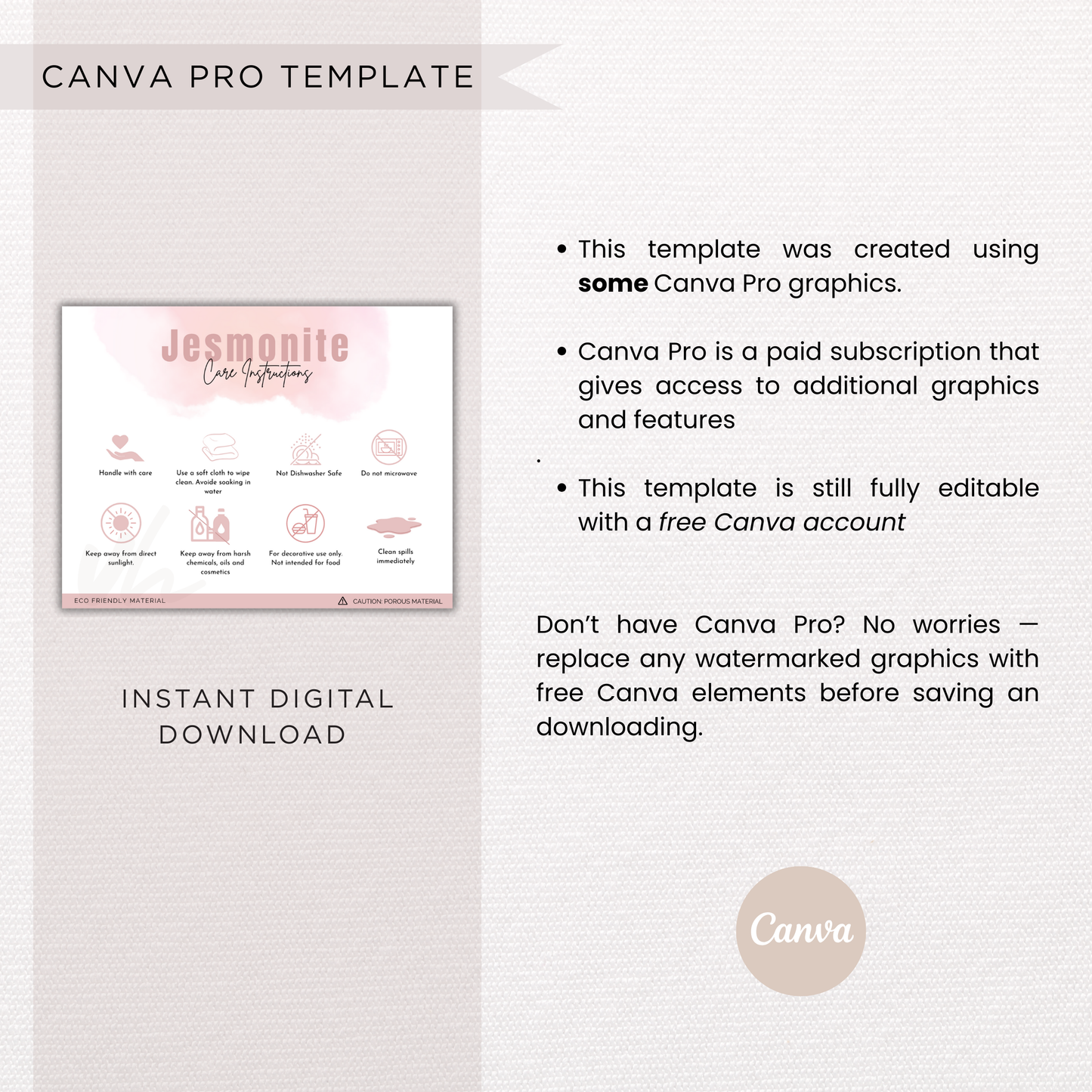 Jesmonite Care Card | Canva Template