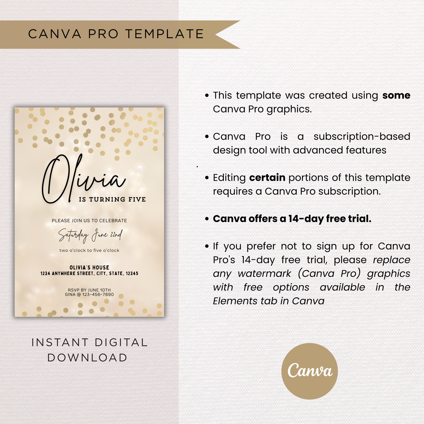 Gold Birthday Invite | Canva Template
