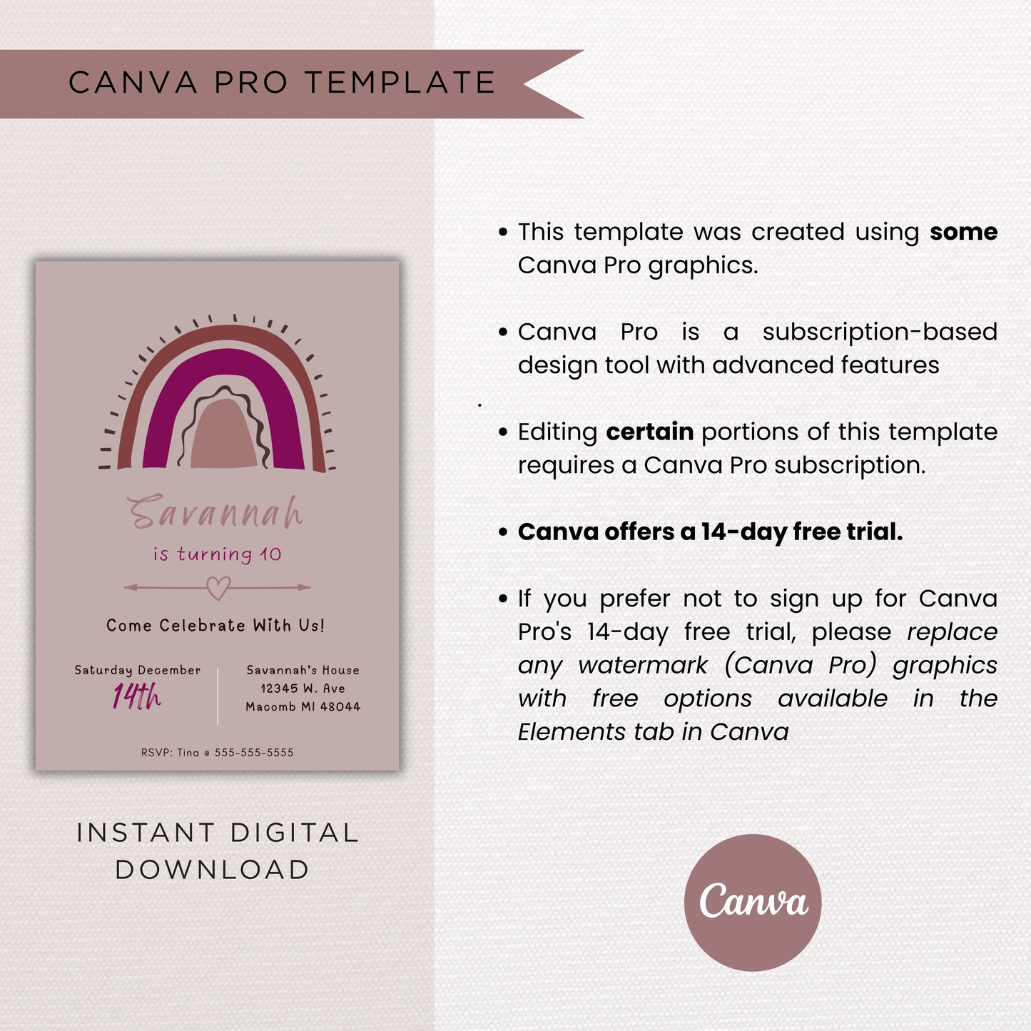 Pink Rainbow Birthday Invite | Canva Template