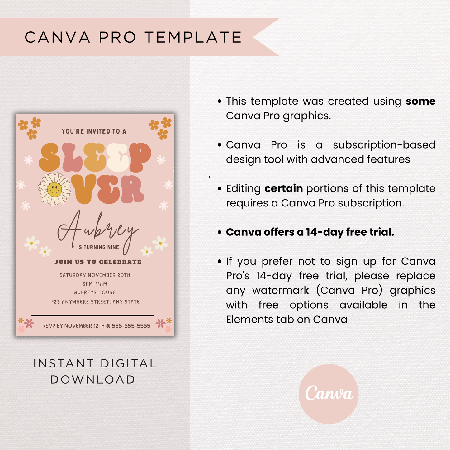 Sleepover Birthday Invitation for Girls | Editable Canva Template | Digital Download | Instant Printable Invite