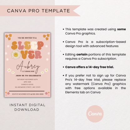 Sleepover Birthday Invitation for Girls | Editable Canva Template | Digital Download | Instant Printable Invite