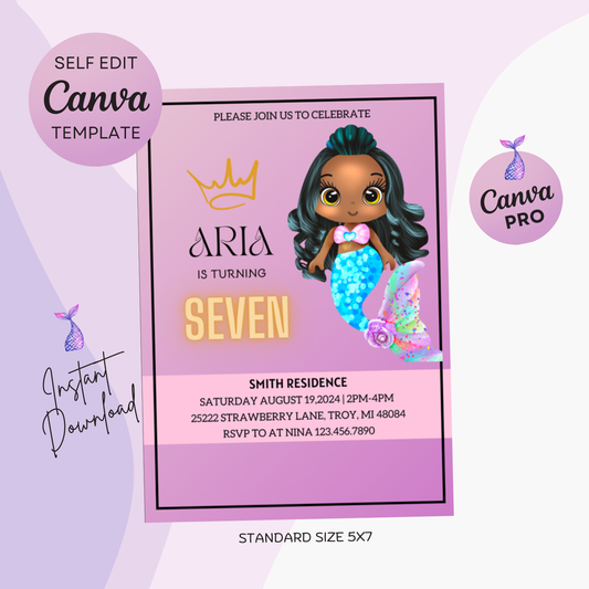 Mermaid Birthday Invitation Template | Editable Canva Design | Digital Download | Instant Printable Invite