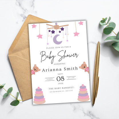 Baby Girl Shower Invitation | Canva Template