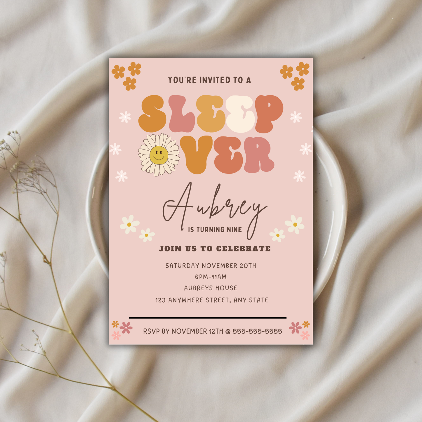 Sleepover Birthday Invitation for Girls | Editable Canva Template | Digital Download | Instant Printable Invite