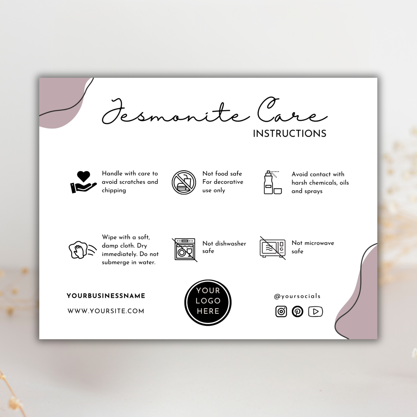 Jesmonite Care Card Template | Editable in Canva