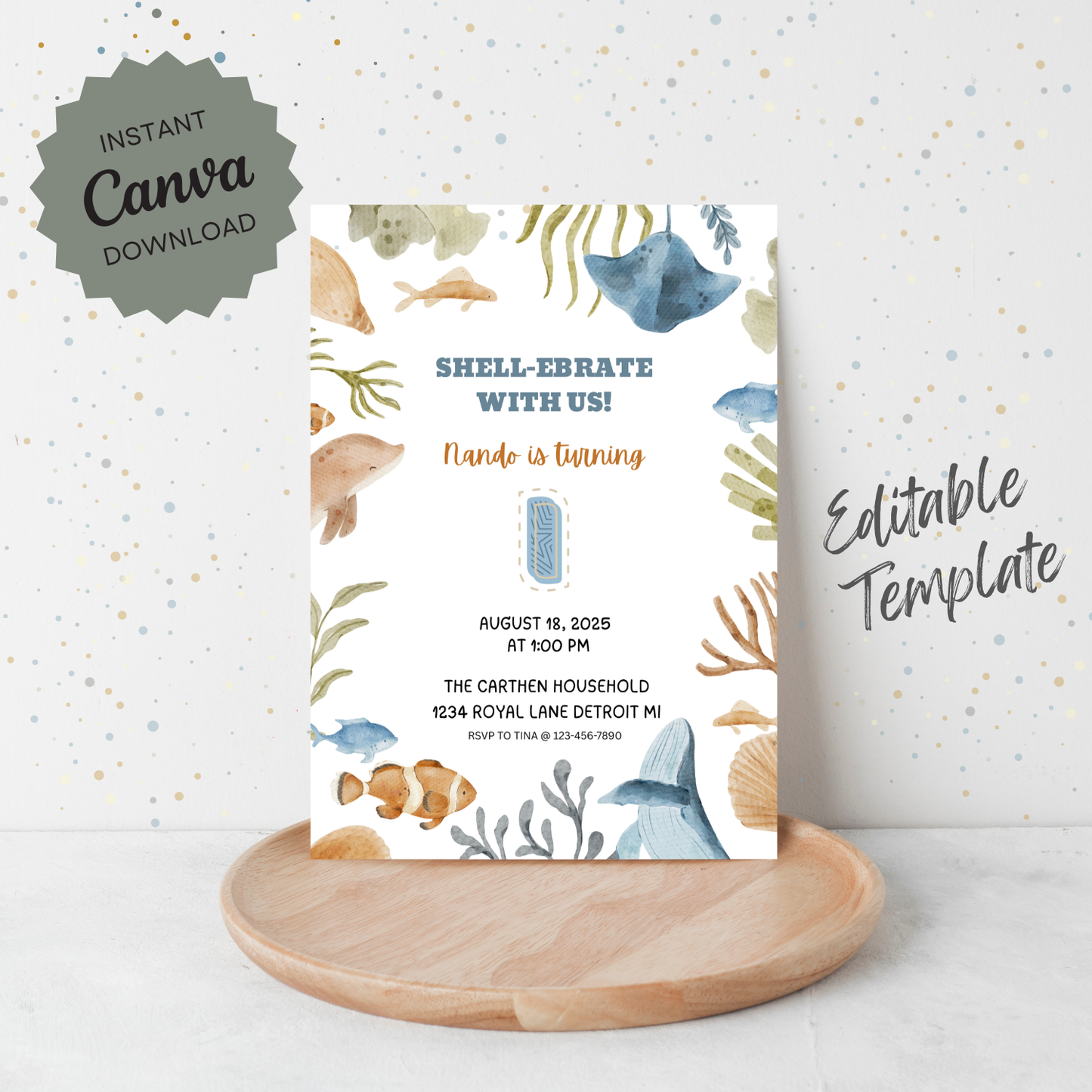 Ocean Theme Birthday Party | Sea Life 1st Birthday Printable | Canva Template