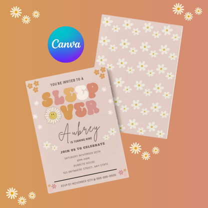 Hippie Vibe Sleepover Birthday Invitation for Girls | Editable Canva Template | Digital Download | Instant Printable Invite