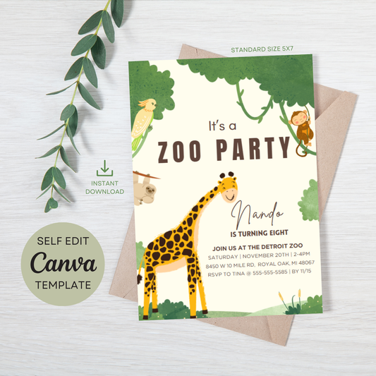 Editable Zoo Jungle Birthday Invitation Template | Instant Download | Canva Editable Birthday Invite | Printable Jungle Party Invitation