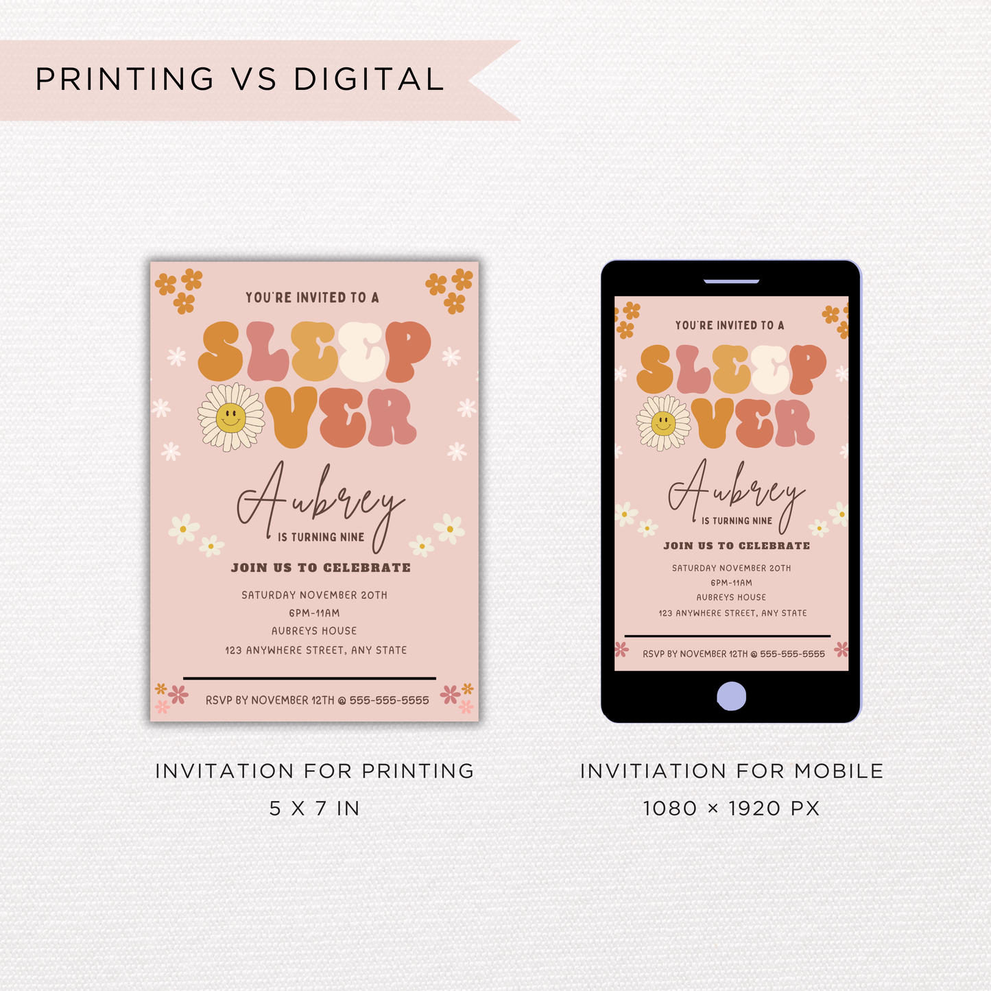 Sleepover Birthday Invitation for Girls | Editable Canva Template | Digital Download | Instant Printable Invite