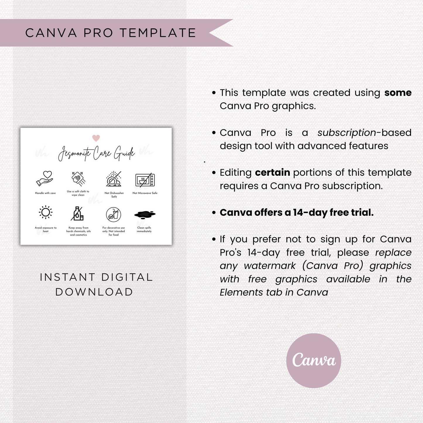 Jesmonite Care Card Template | Editable in Canva