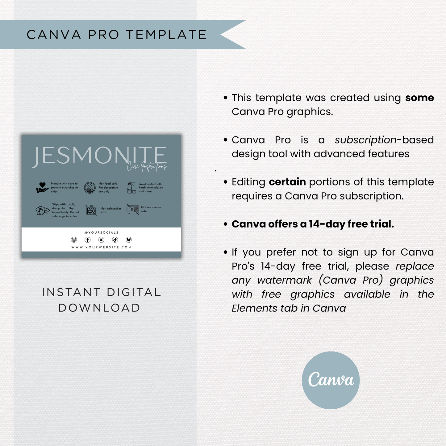 Jesmonite Care Card Template | Editable in Canva