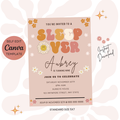 Hippie Vibe Sleepover Birthday Invitation for Girls | Editable Canva Template | Digital Download | Instant Printable Invite