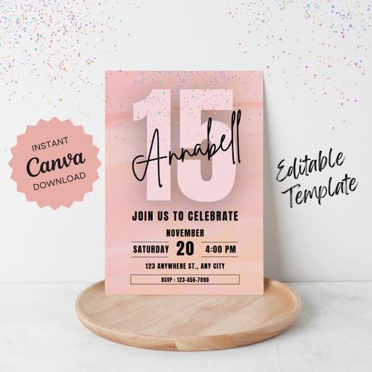 Pink Glitter Birthday Invitation Digital Download | Editable Canva Template | Instant Download