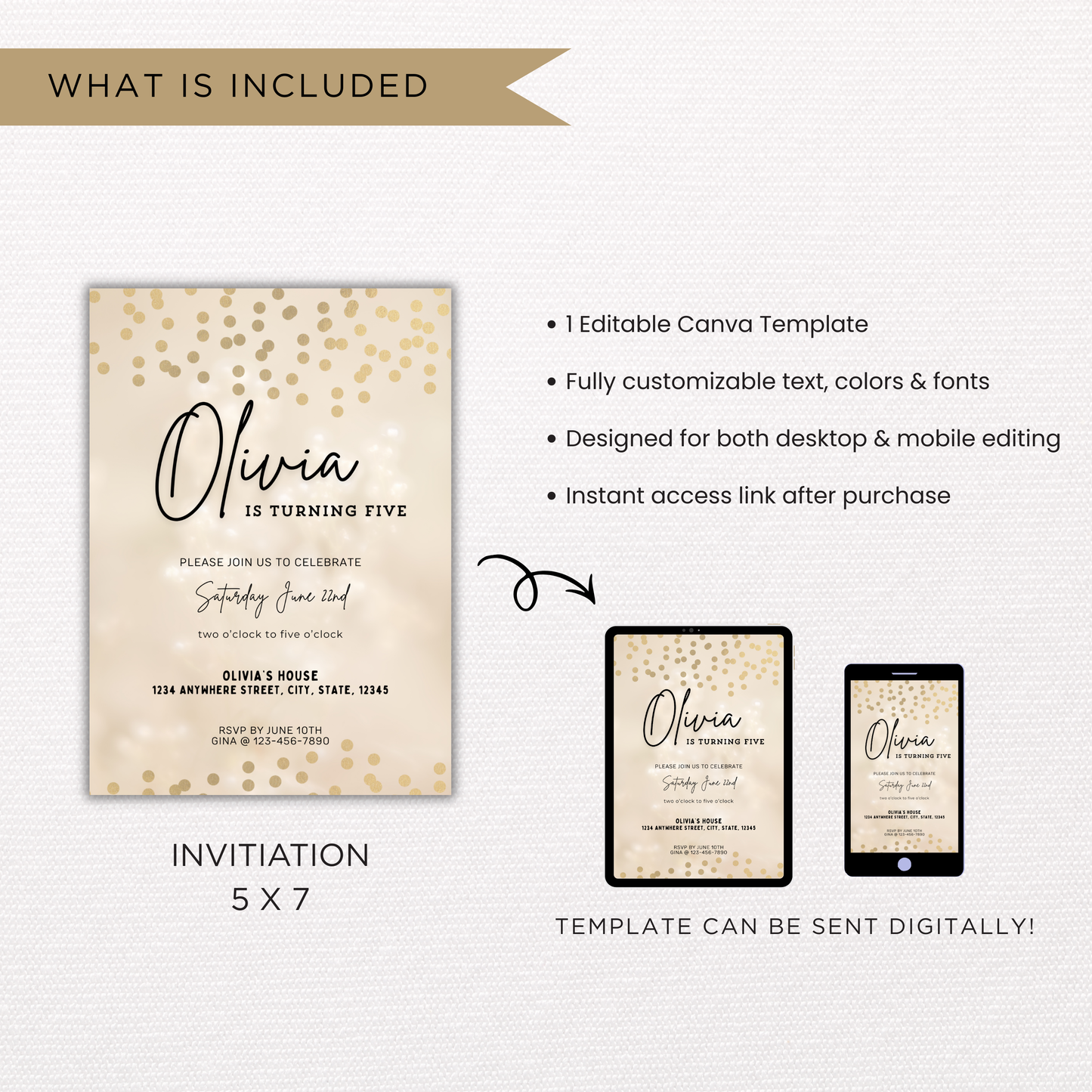 Gold Birthday Invite | Canva Template