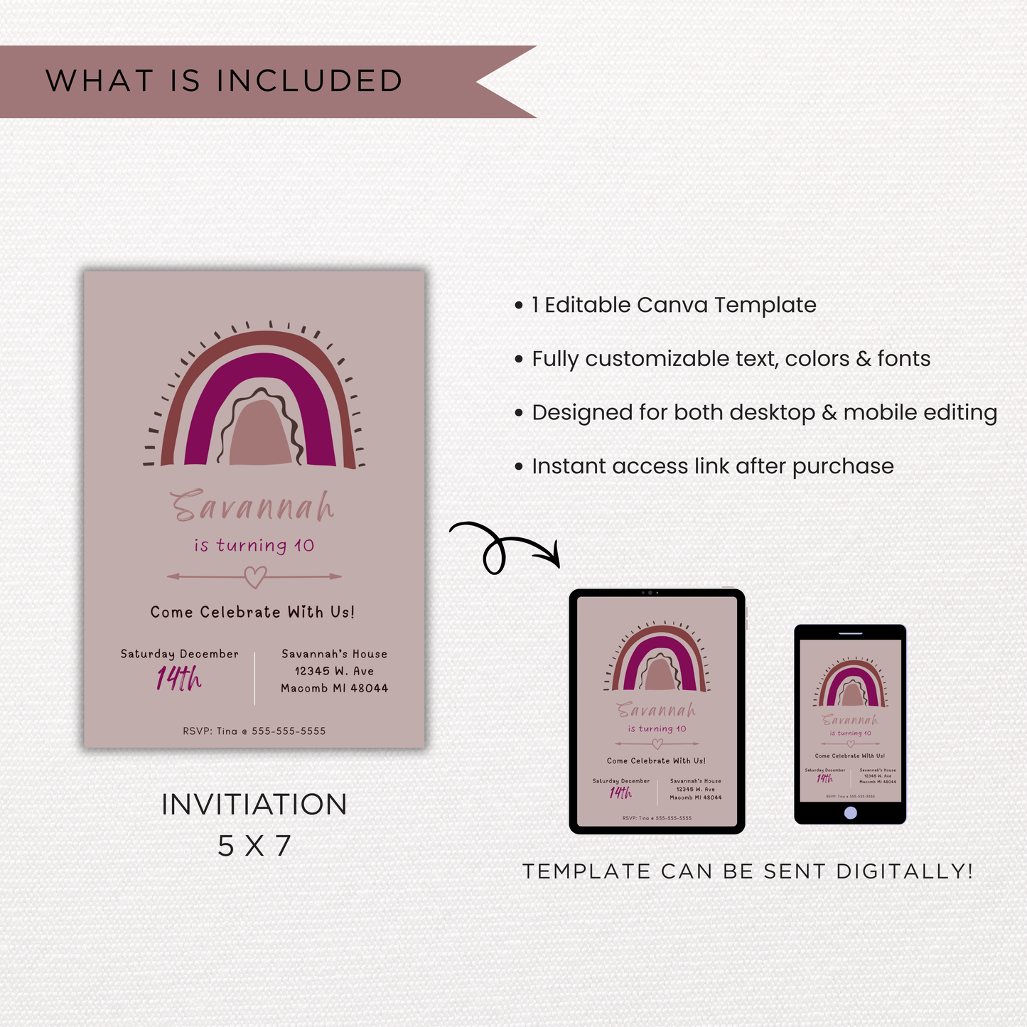 Pink Rainbow Birthday Invite | Canva Template