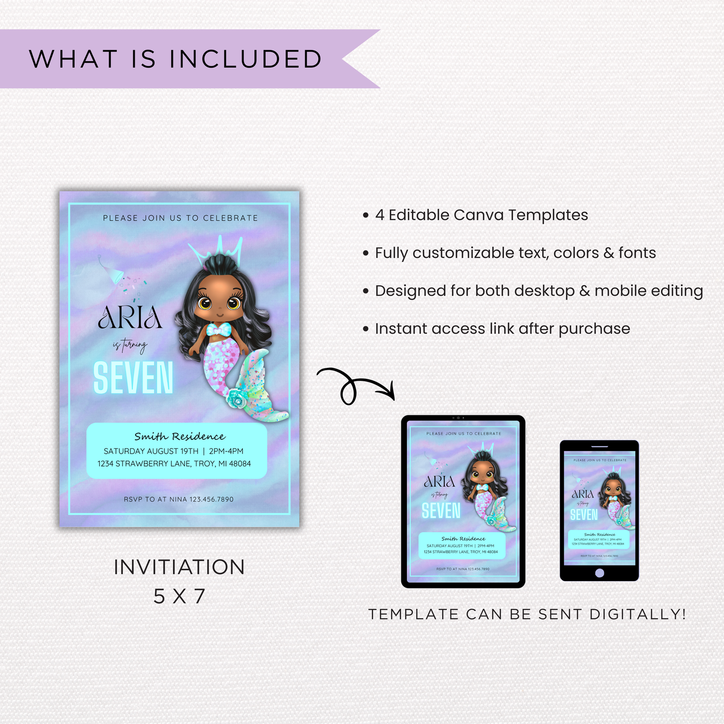 Mermaid Birthday Invite | Canva Template