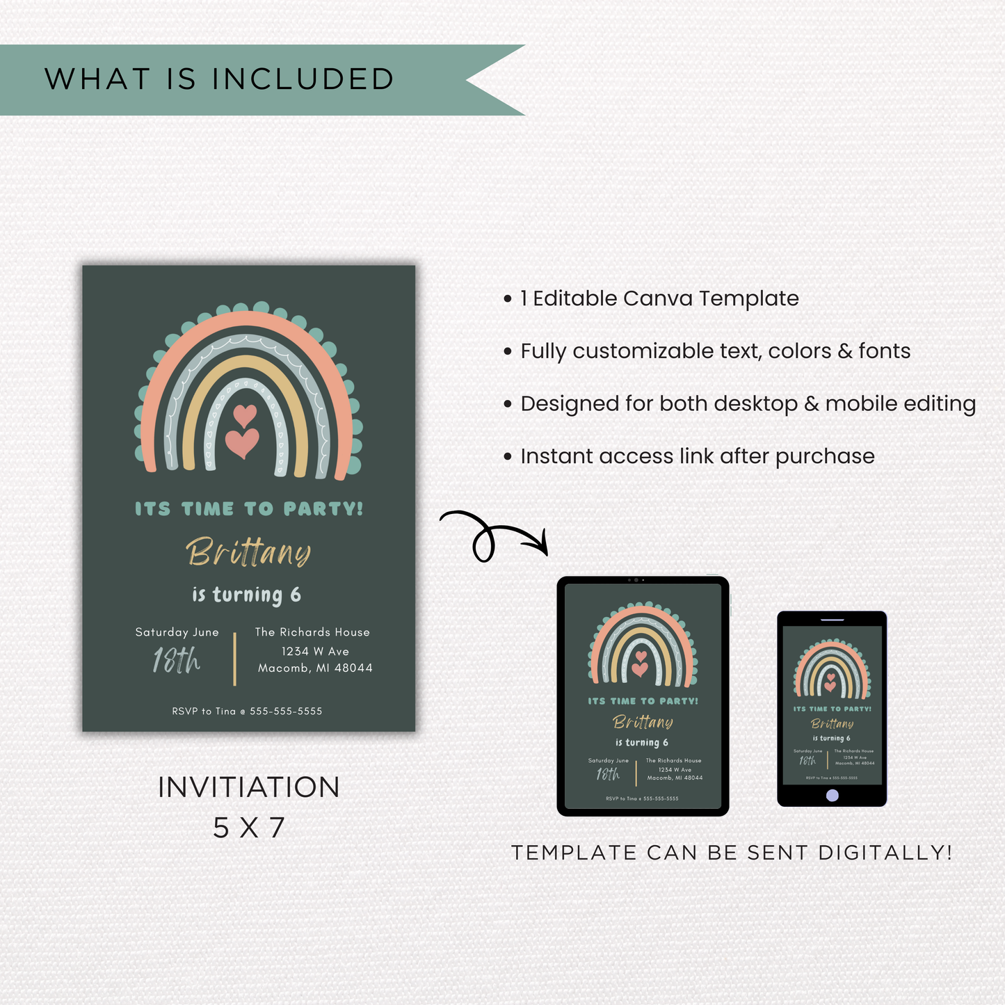 Boho Rainbow Birthday Invitation | Canva Template