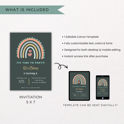 Boho Rainbow Birthday Invitation | Canva Template