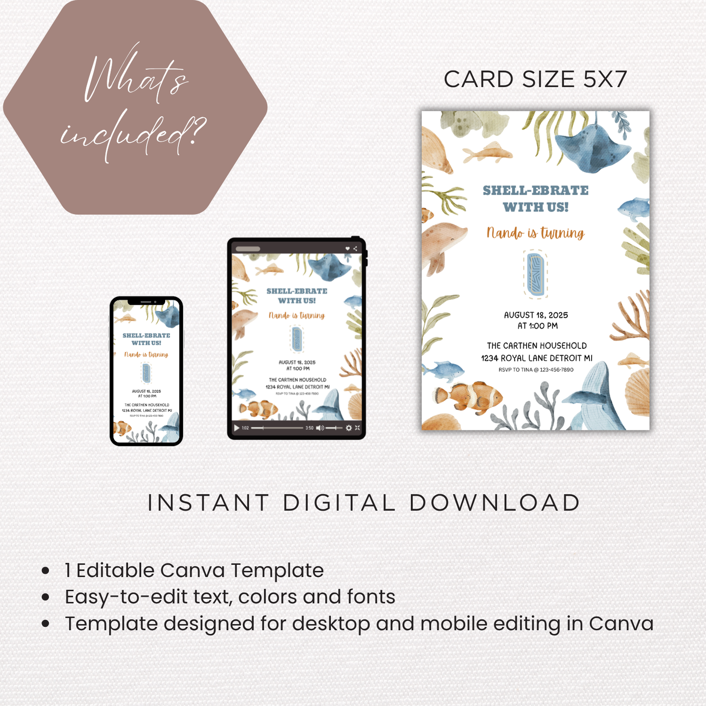 Ocean Theme Birthday Party | Sea Life 1st Birthday Printable | Canva Template