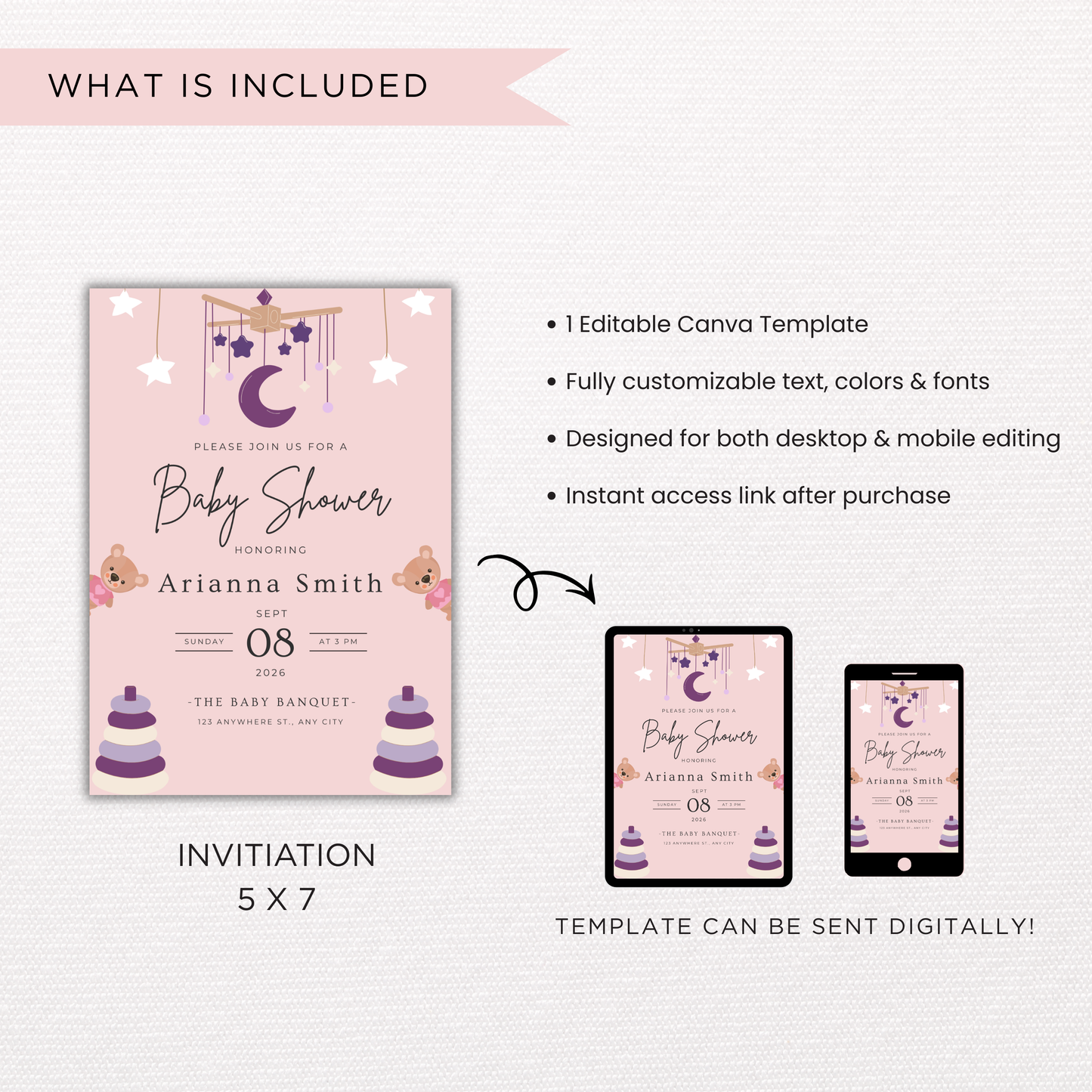 Baby Girl Shower Invitation | Canva Template