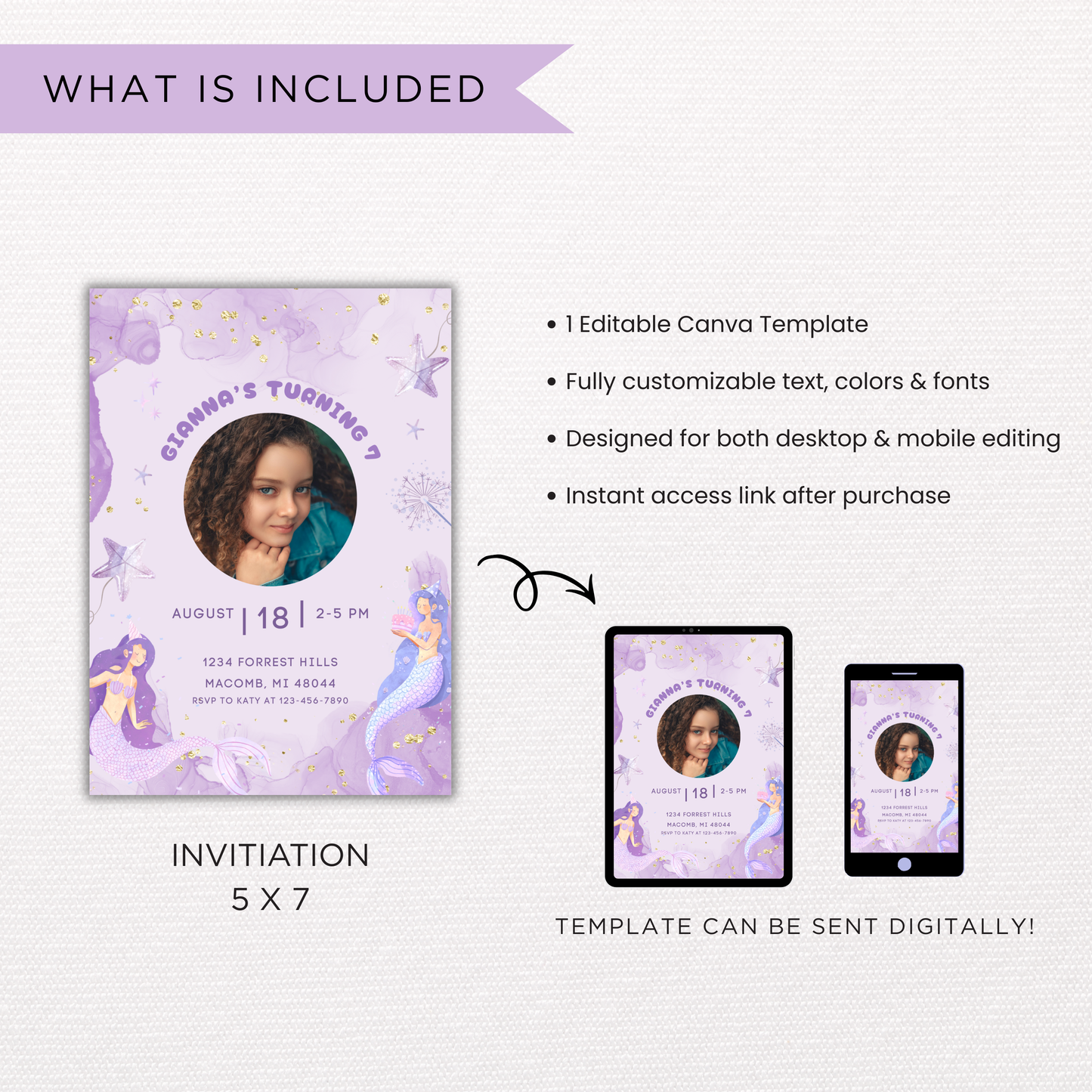 Mermaid Birthday Invite | Canva Template
