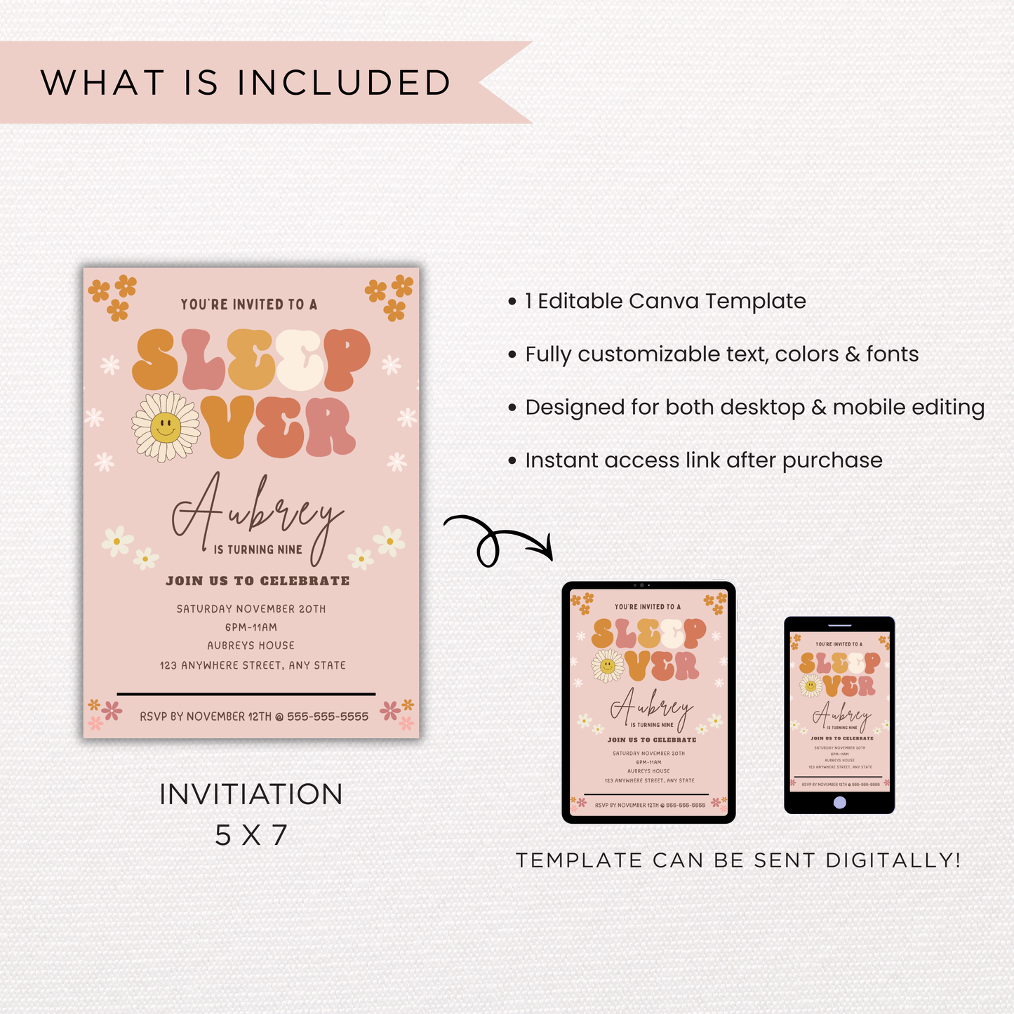 Sleepover Birthday Invitation for Girls | Editable Canva Template | Digital Download | Instant Printable Invite