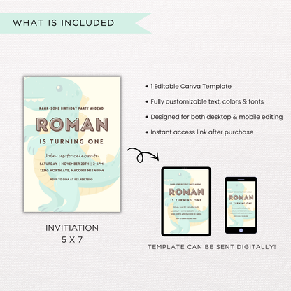 Dino Birthday Invite | Canva Template