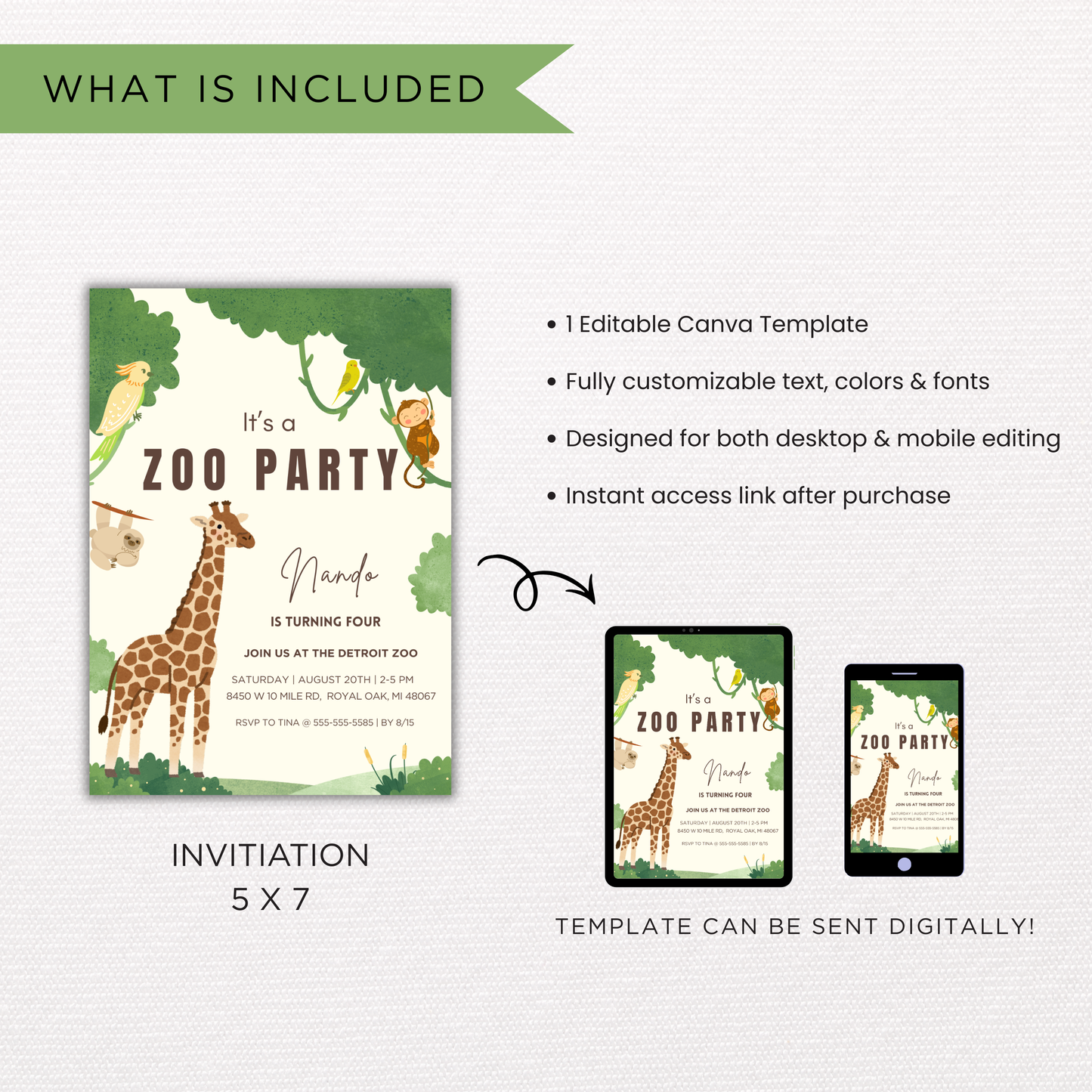 Canva Jungle Birthday Invitation Template | Editable Instant Download | Printable Safari Party Invite