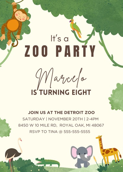 Editable Zoo Jungle Birthday Invitation Template | Instant Download | Canva Editable Birthday Invite | Printable Jungle Party Invitation